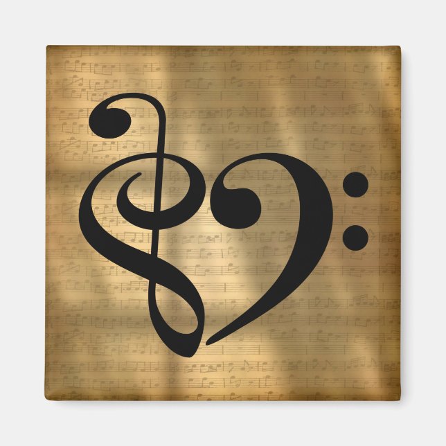 Treble Clef Bass Clef Heart Golden Sheet Music Magnet (Front)