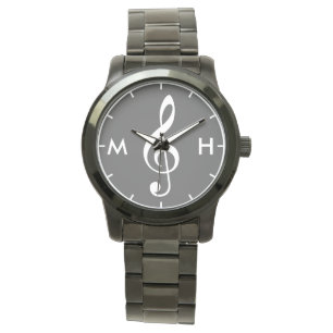 treble clef black white personalised initials watch
