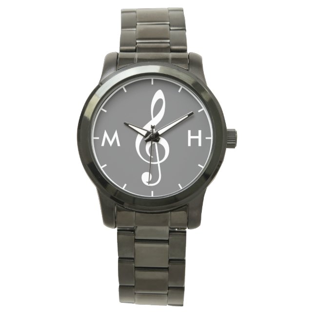 treble clef black white personalised initials watch (Front)