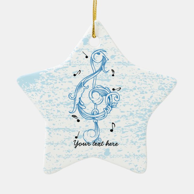 Treble clef blue scrollwork sol note key ceramic ornament (Front)