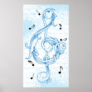 treble clef Blue scrollwork sol note key poster