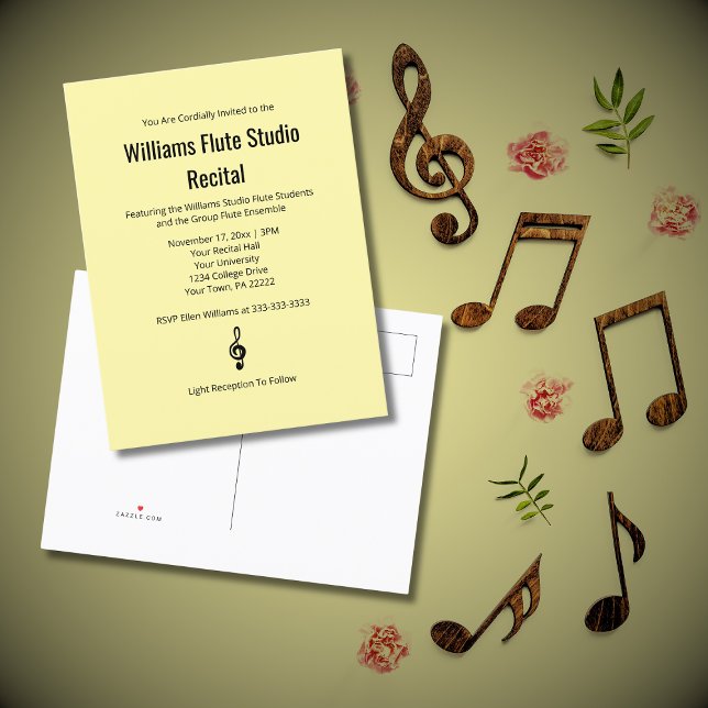 Treble Clef Flute Music Recital Simple Concert  Invitation Postcard (Creator Uploaded)