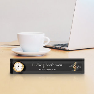 Treble Clef Gold Black Music Notes Clock Nameplate