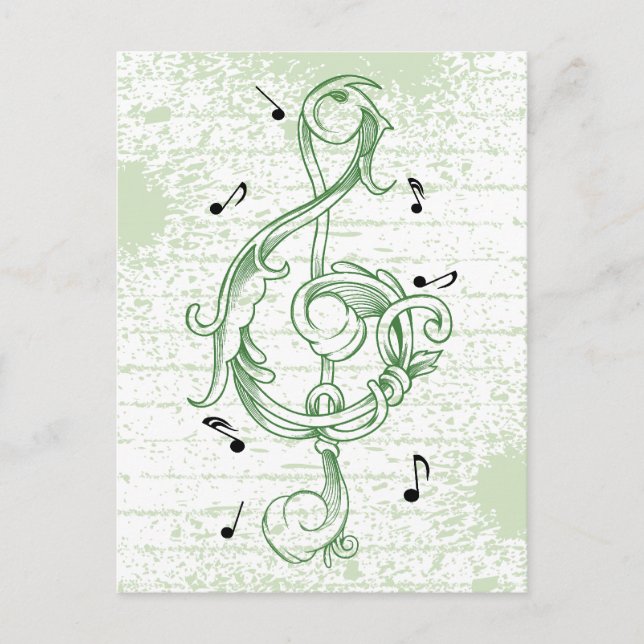 Treble clef green scrollwork sol note key postcard (Front)