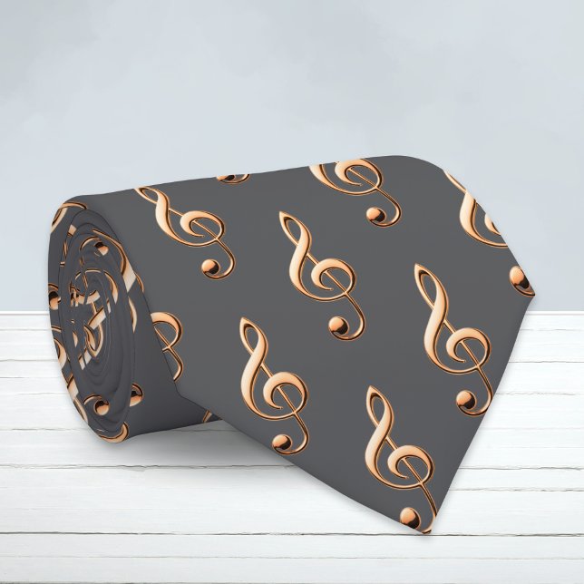 Treble Clef Music Lover's Grey Patterned Tie (A stylish tie for music lovers, with faux gold treble clefs pattern on a dark charcoal background)