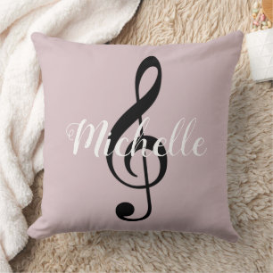 treble clef music note monogram name+initial pink cushion