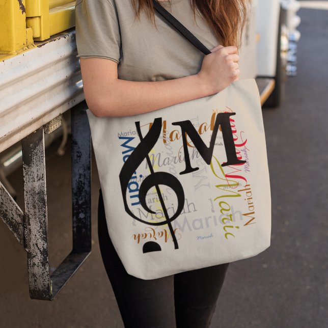 Treble clef music note monogram with colour names tote bag (take music wherever you go)
