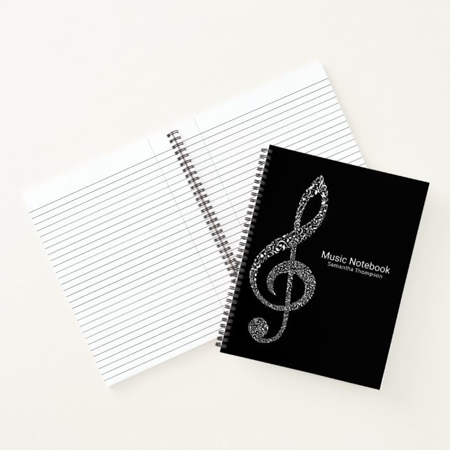 Treble Clef Music Notes Full Name Black and White  Notebook (Inside)
