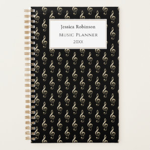 Treble Clef Music Themed Pattern Elegant Black Planner