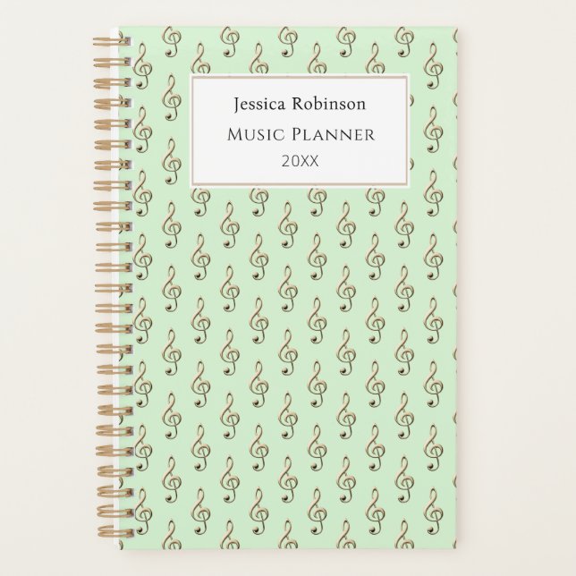 Treble Clef Music Themed Pattern Elegant Green Planner (Front)