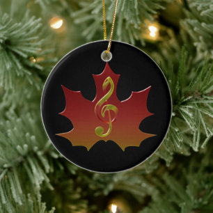 Treble Clef Overlaying Red Maple Leaf Ceramic Ornament