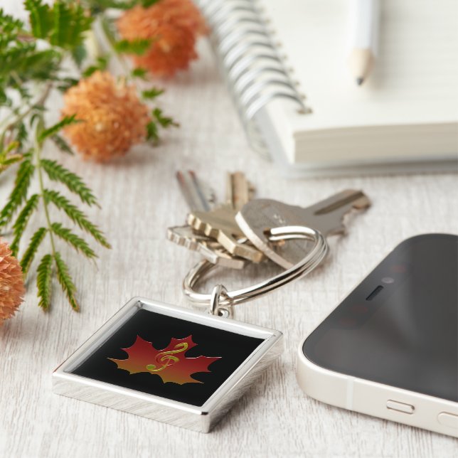 Treble Clef Overlaying Red Maple Leaf Key Ring (Side)