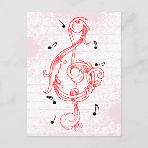 Treble clef red scrollwork sol note key postcard