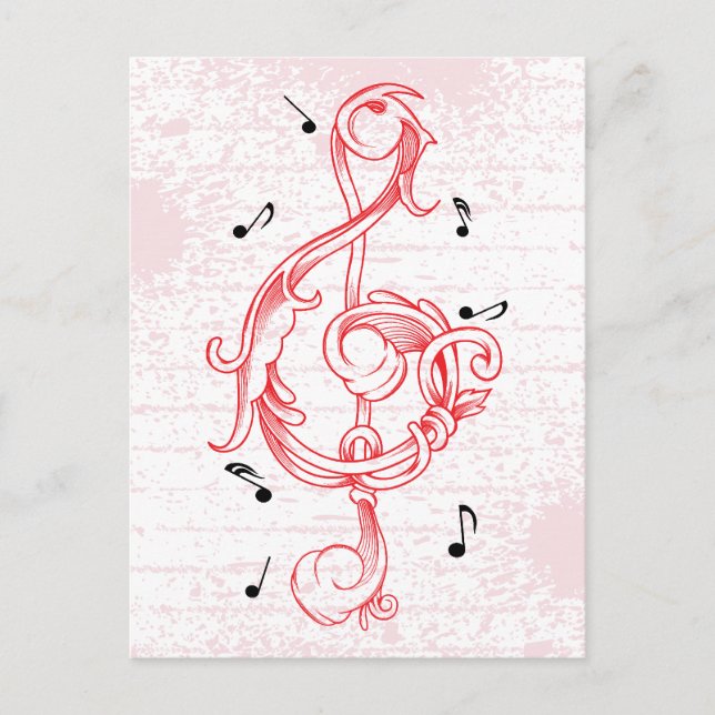 Treble clef red scrollwork sol note key postcard (Front)
