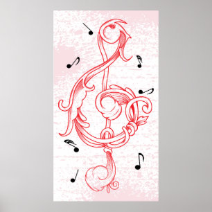 treble clef Red scrollwork sol note key poster