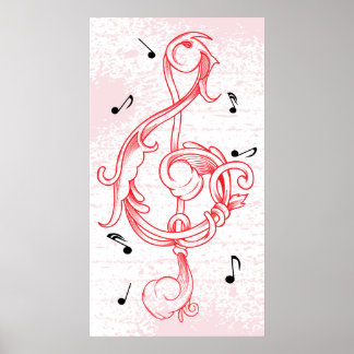 treble clef Red scrollwork sol note key poster