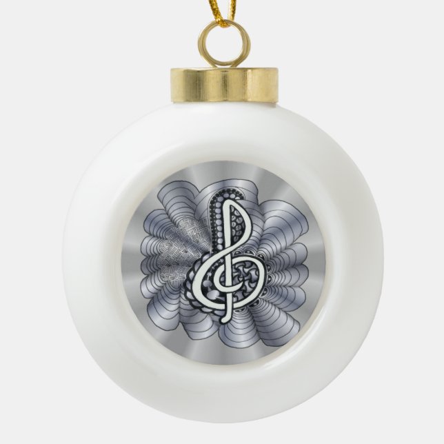 Treble Clef Silver Customisable Ceramic Ball Christmas Ornament (Front)