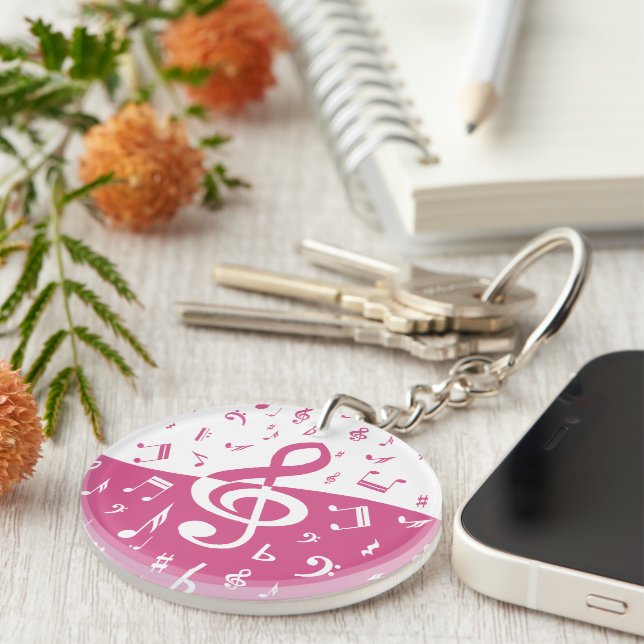 Treble Clef Wave Music Notes in Pink and White Key Ring (Front Right)