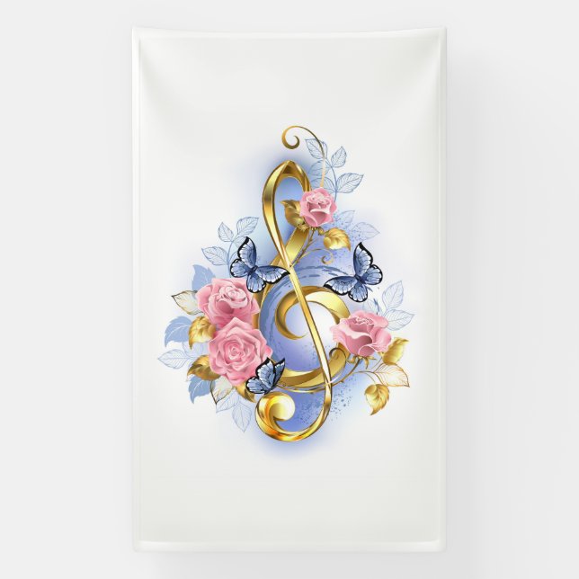 Treble clef with Pink Roses Banner (Vertical)