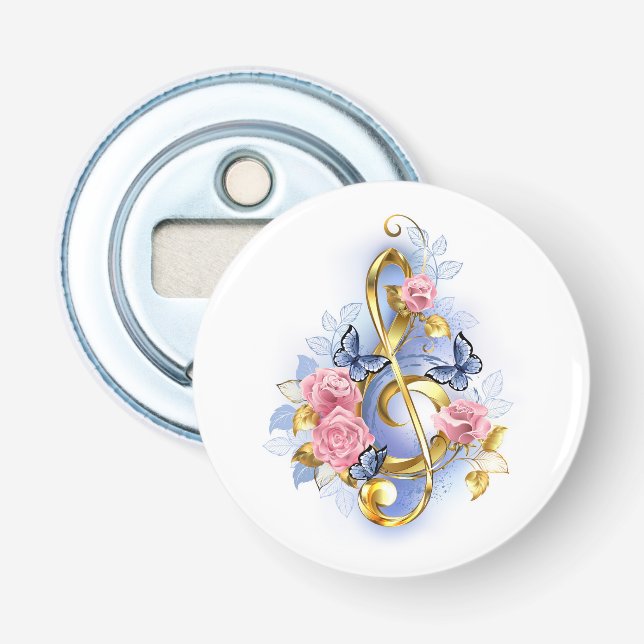 Treble clef with Pink Roses Bottle Opener (Front)