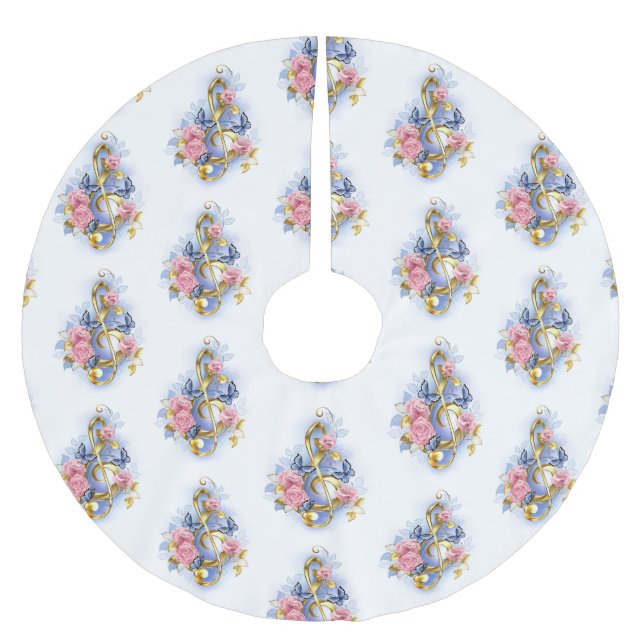 Treble clef with Pink Roses Brushed Polyester Tree Skirt (Front)