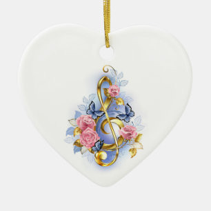 Treble clef with Pink Roses Ceramic Ornament