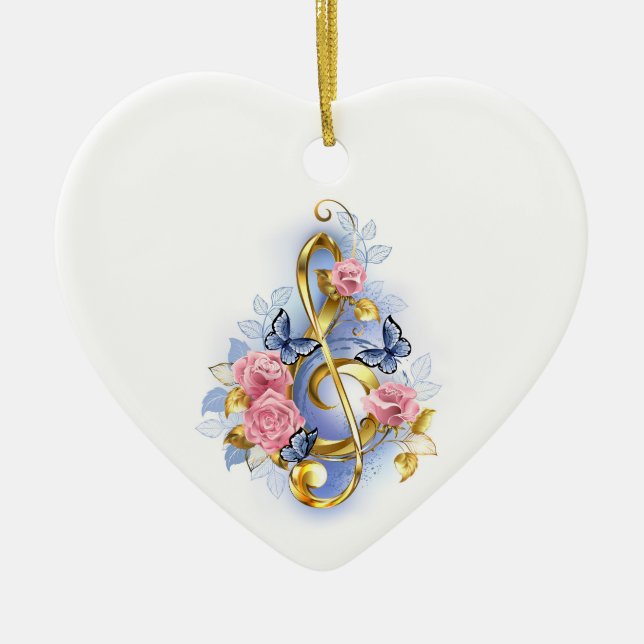 Treble clef with Pink Roses Ceramic Ornament (Front)