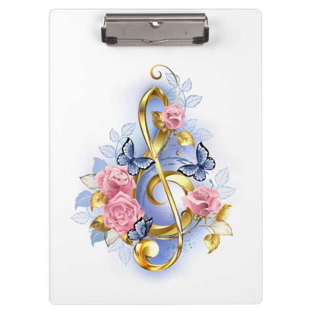Treble clef with Pink Roses Clipboard (Front)