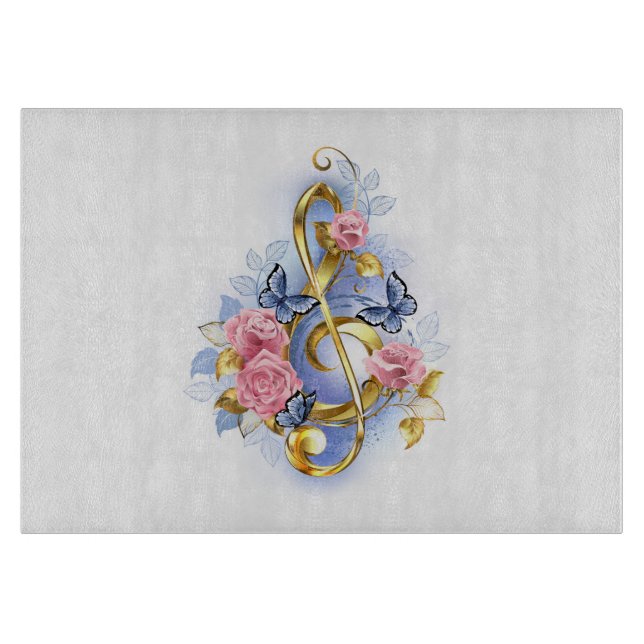 Treble clef with Pink Roses Cutting Board (Front)