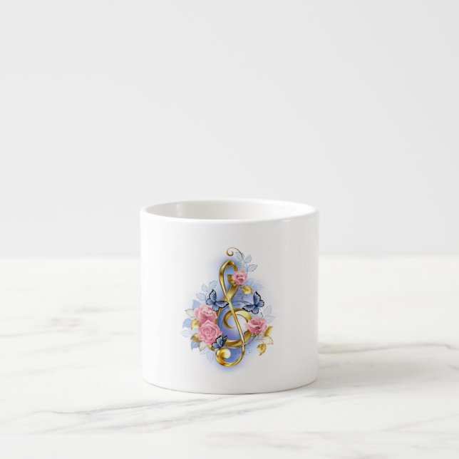 Treble clef with Pink Roses Espresso Cup (Front)