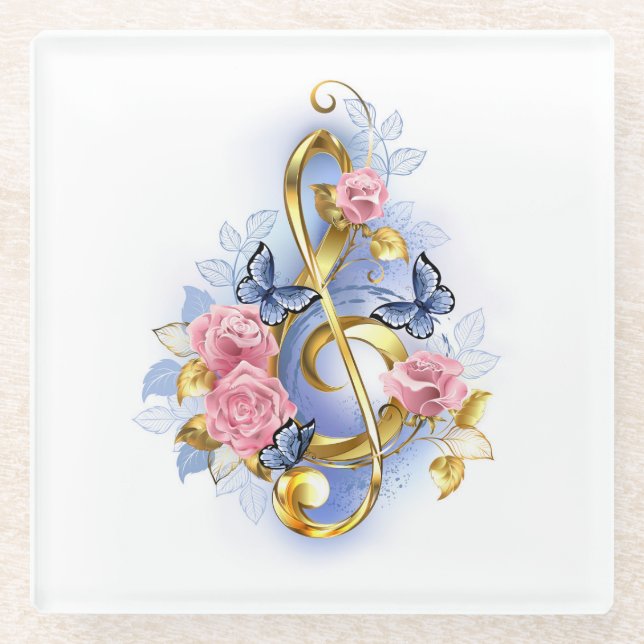 Treble clef with Pink Roses Glass Coaster (Front)