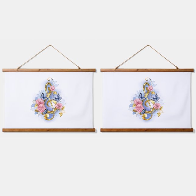 Treble clef with Pink Roses Hanging Tapestry (Double)