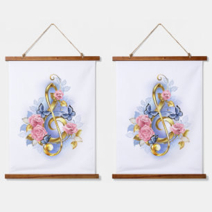 Treble clef with Pink Roses Hanging Tapestry