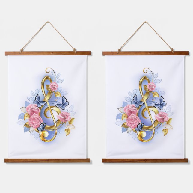 Treble clef with Pink Roses Hanging Tapestry (Double)