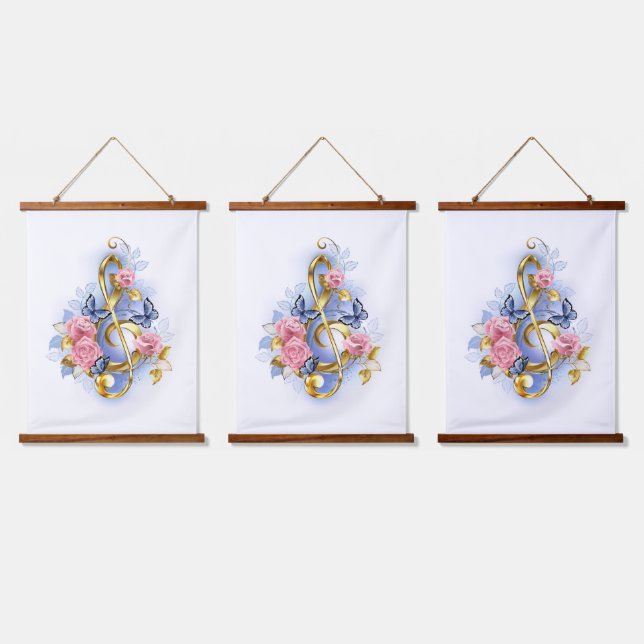Treble clef with Pink Roses Hanging Tapestry (Triple)