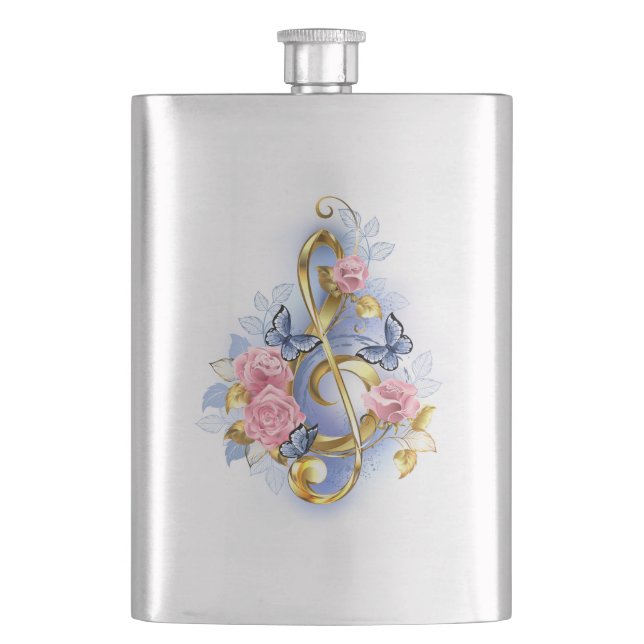 Treble clef with Pink Roses Hip Flask (Front)