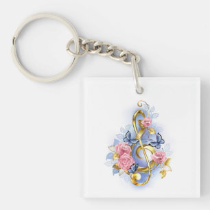 Treble clef with Pink Roses Key Ring