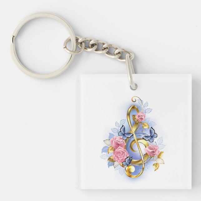 Treble clef with Pink Roses Key Ring (Front)