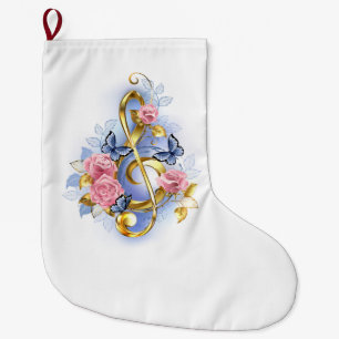 Treble clef with Pink Roses Large Christmas Stocking