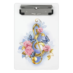 Treble clef with Pink Roses Mini Clipboard