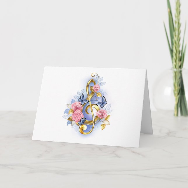 Treble clef with Pink Roses Note Card (Front)