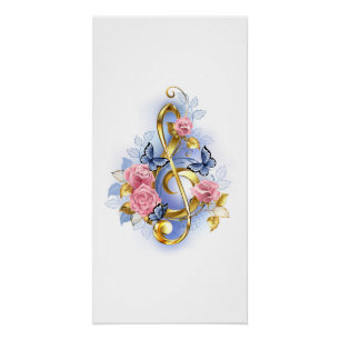 Treble clef with Pink Roses Poster