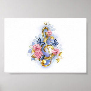 Treble clef with Pink Roses Poster