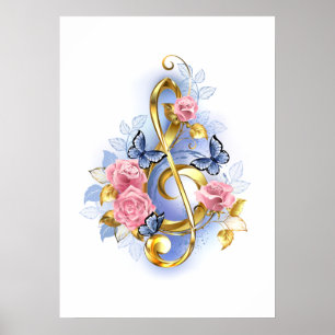 Treble clef with Pink Roses Poster