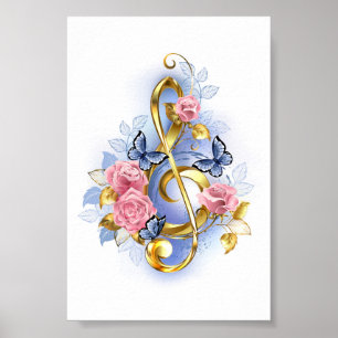 Treble clef with Pink Roses Poster