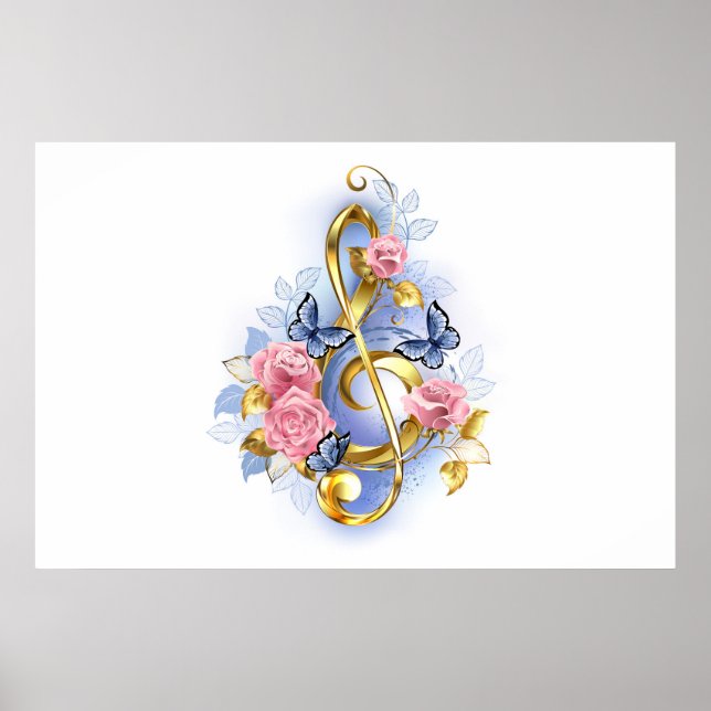 Treble clef with Pink Roses Poster (Front)