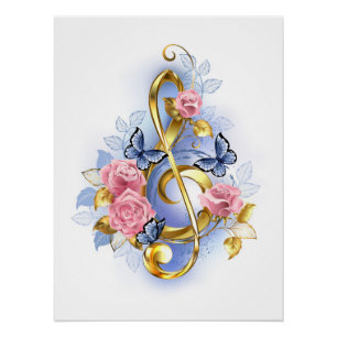 Treble clef with Pink Roses Poster