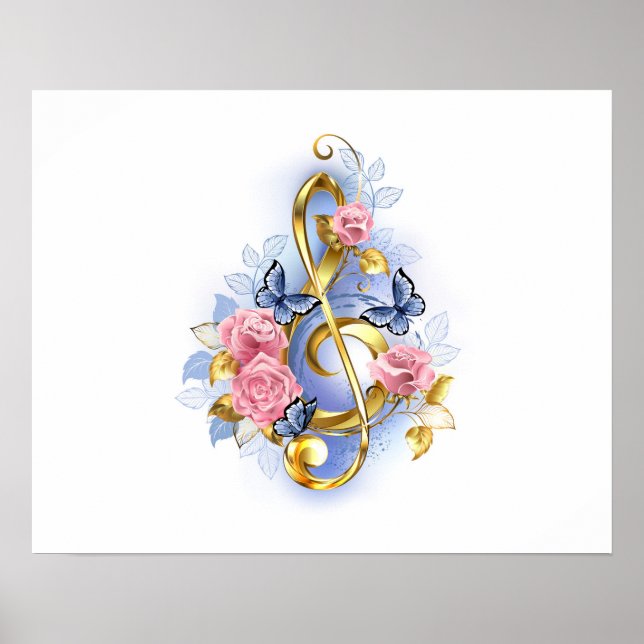 Treble clef with Pink Roses Poster (Front)