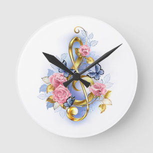Treble clef with Pink Roses Round Clock