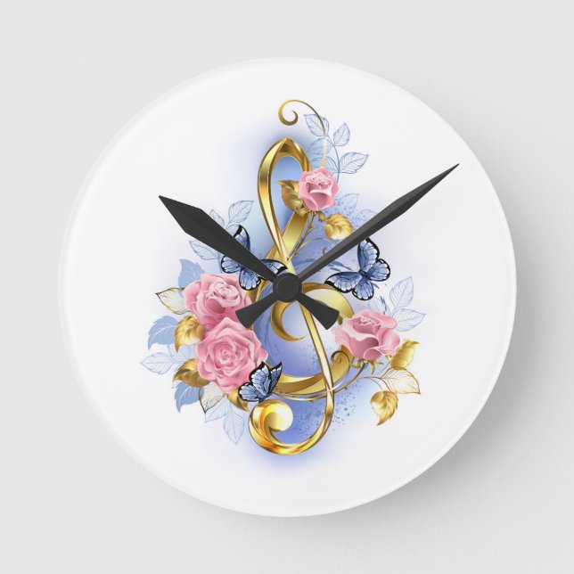 Treble clef with Pink Roses Round Clock (Front)